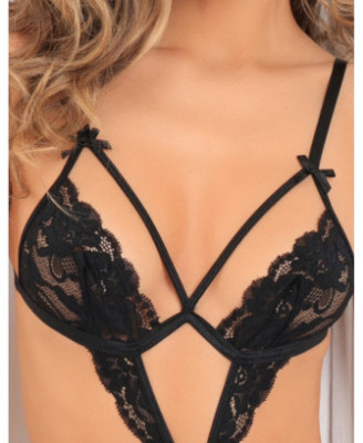 Body string noir ouvert à l'entre-jambes dentelle et ornements 